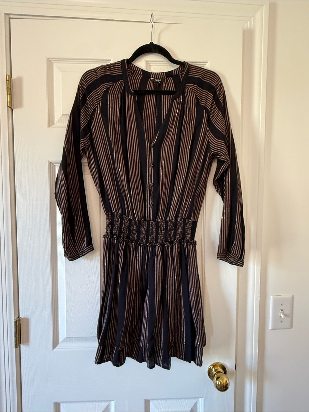 Rails Black & Gold Striped Button-Front Long-Sleeve Smocked Waist Dress